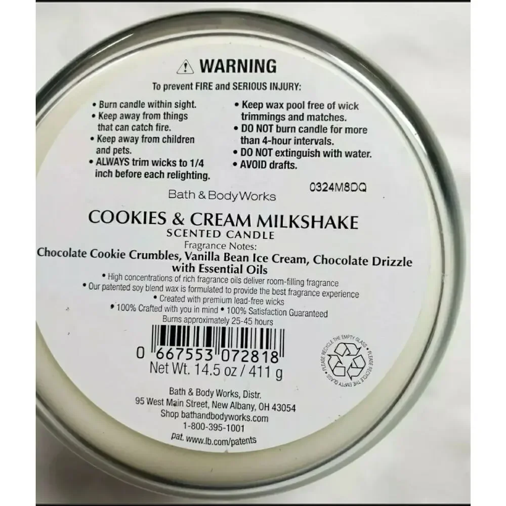 BBW Cookies & Cream Milkshake Large 3 Wick Candle Home Fragrance Decor